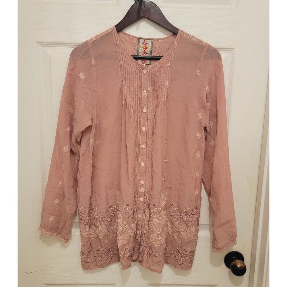Johnny Was Womens Blouse Sz Small Pink Floral Embroidered Button Pleat Tunic